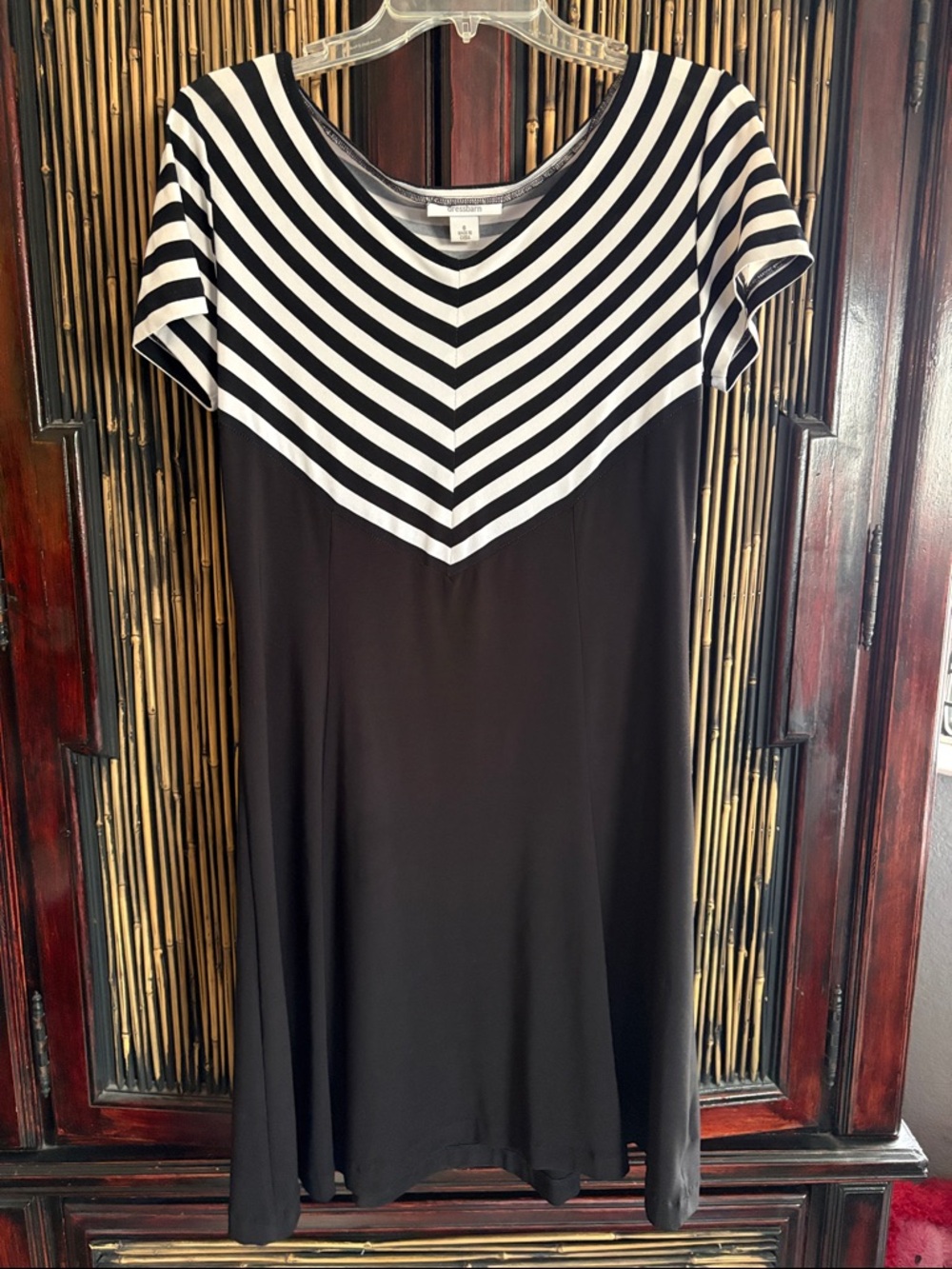 Vintage dressbarn Black Dress with Black-and-White Striped Chevron Yoke V-Neck